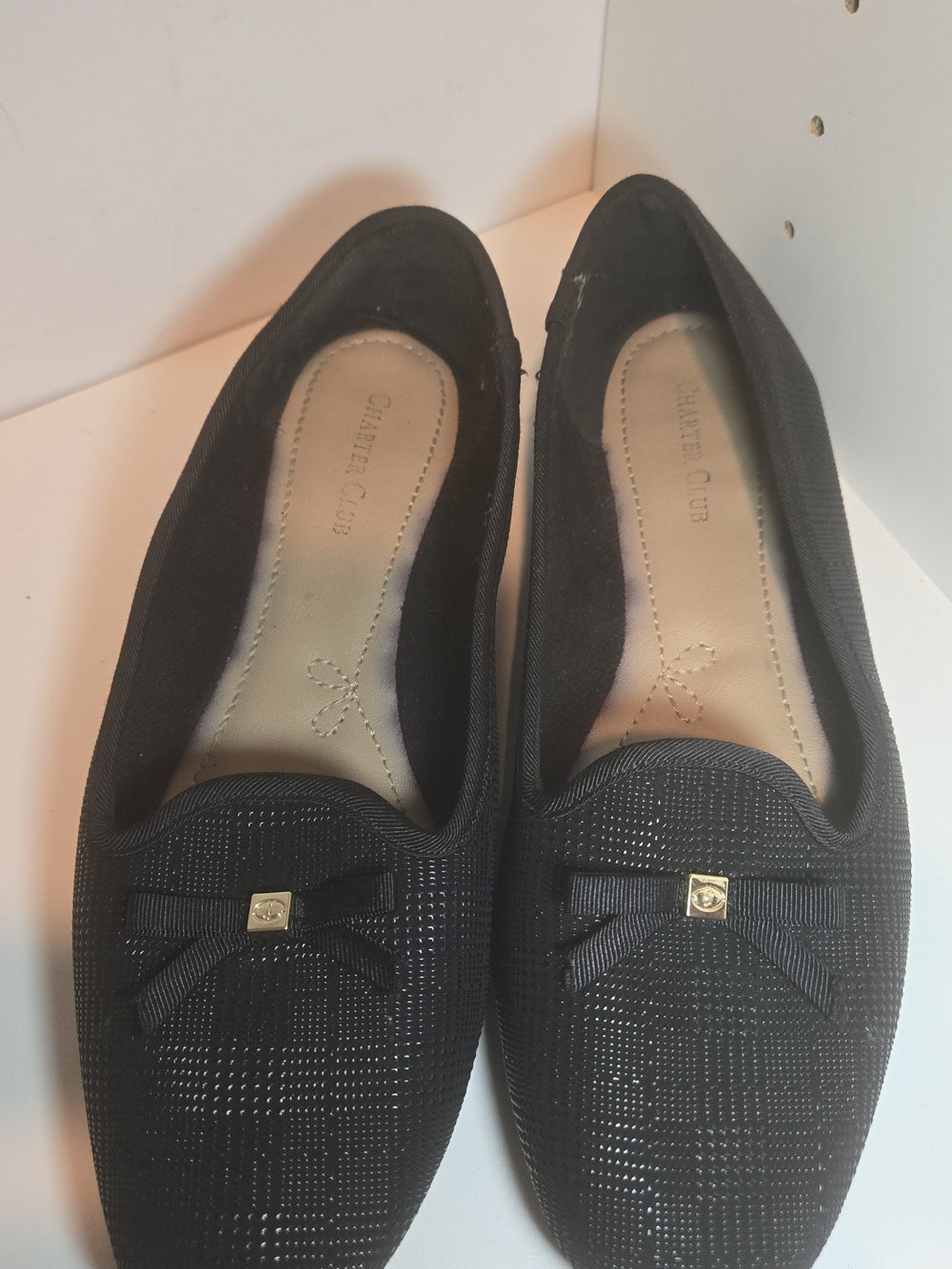 Charter Club Black Slip-On Loafers with Bow and Gold Accent
